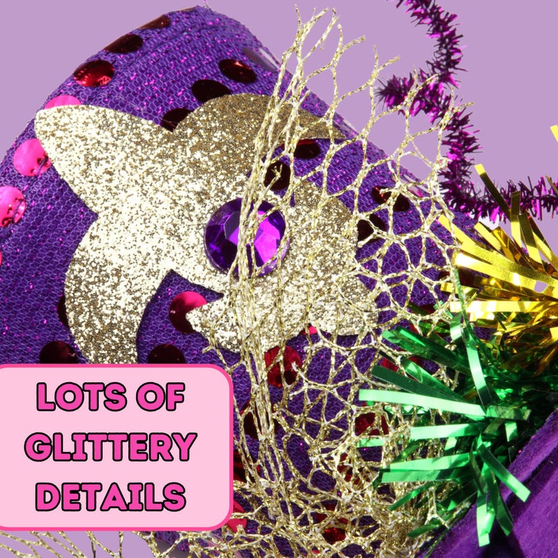 Needzo Purple Mardi Gras Top Hat Headband, Green and Yellow Glitter and Tinsel Details, Parade Hair Accessory, One Size Fits Most(Top Hat) - Image 3
